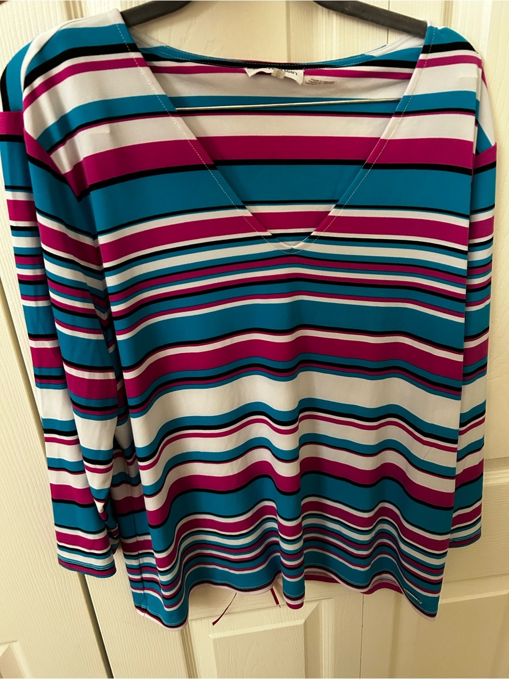 Calvin Klein Teal, Magenta & White Striped V-Neck Long Sleeve Top